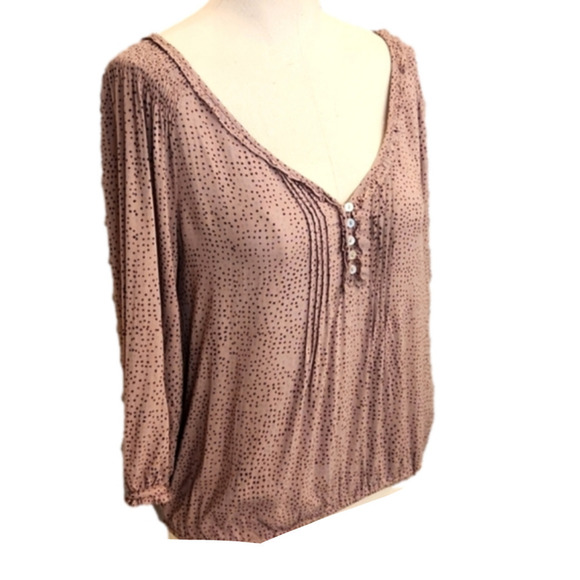 WOMENS ZARA tan with brown & blue polka dot abalone button top size Smal… - Picture 4 of 16